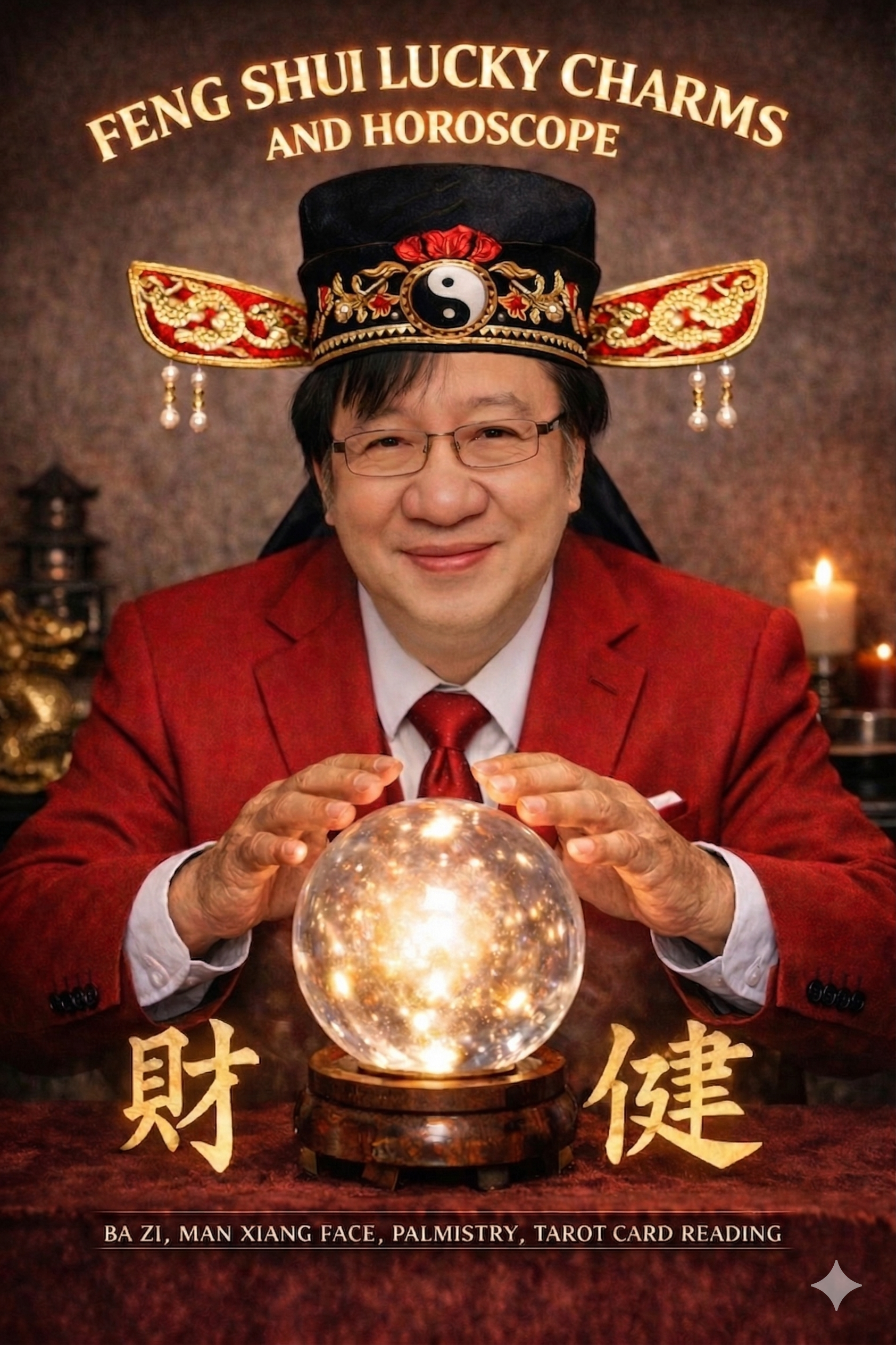 Feng Shui Lucky Charms and Horoscope — crystal ball, Chinese characters 財 and 健, Ba Zi, Mian Xiang face, palmistry, tarot card reading